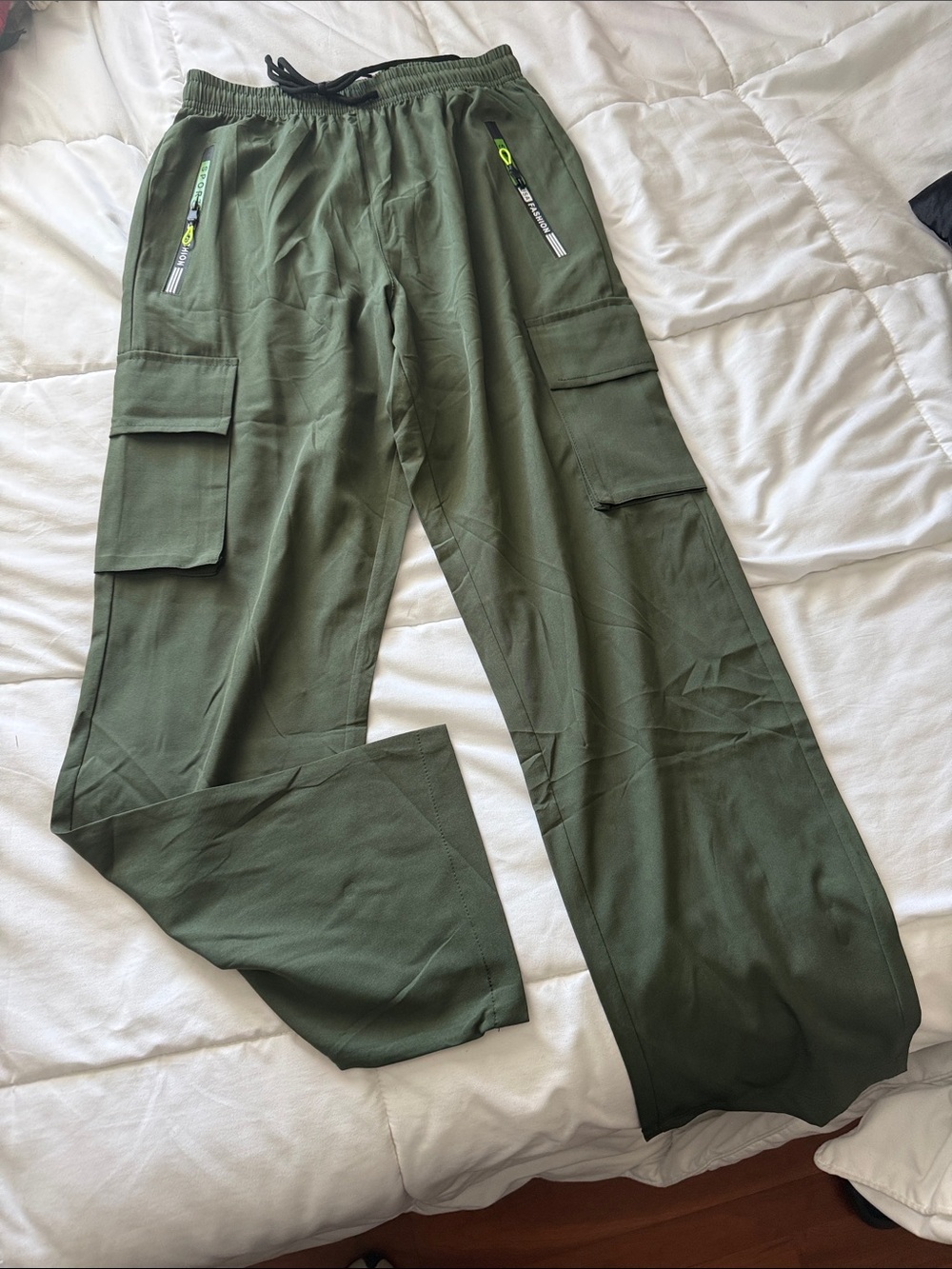 Olive Green womens Cargo Pants - Elastic Waist, Utility Pockets